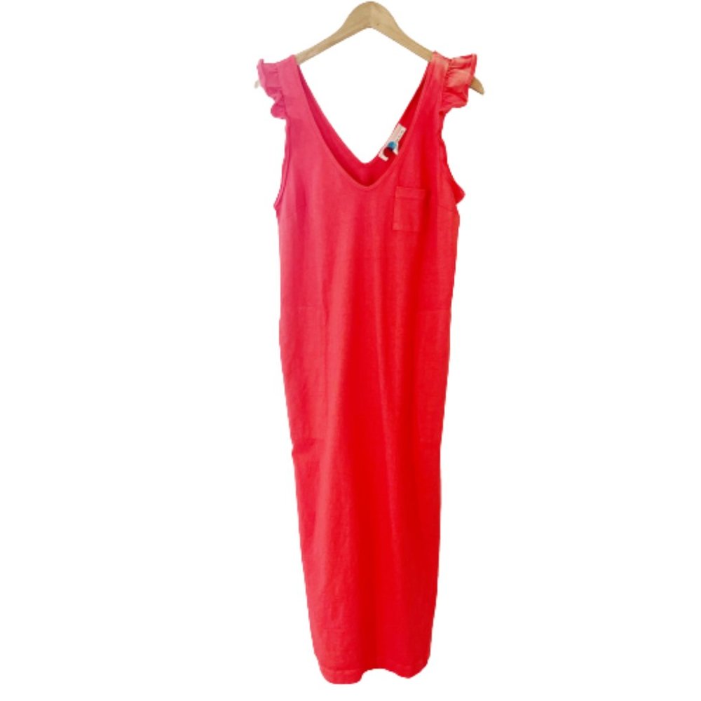 free people fp beach maxi dress sleeveless ruffles pockets coral pink orange
